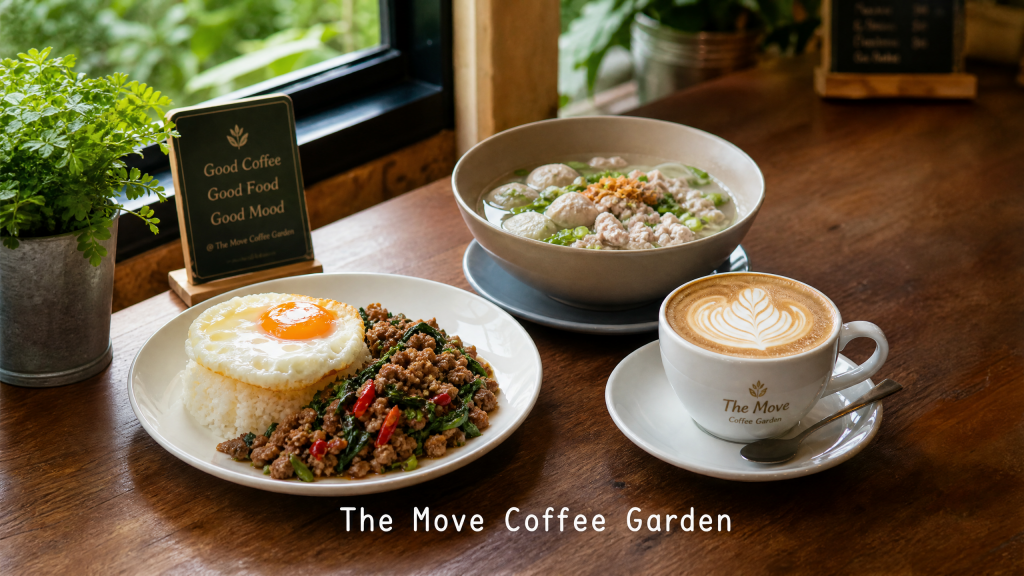 อิ่มอร่อยงบหลักสิบ บางใหญ่ The Move Coffee Garden กาแฟ อาหารตามสั่ง ก๋วยเตี๋ยว ราคาประหยัด