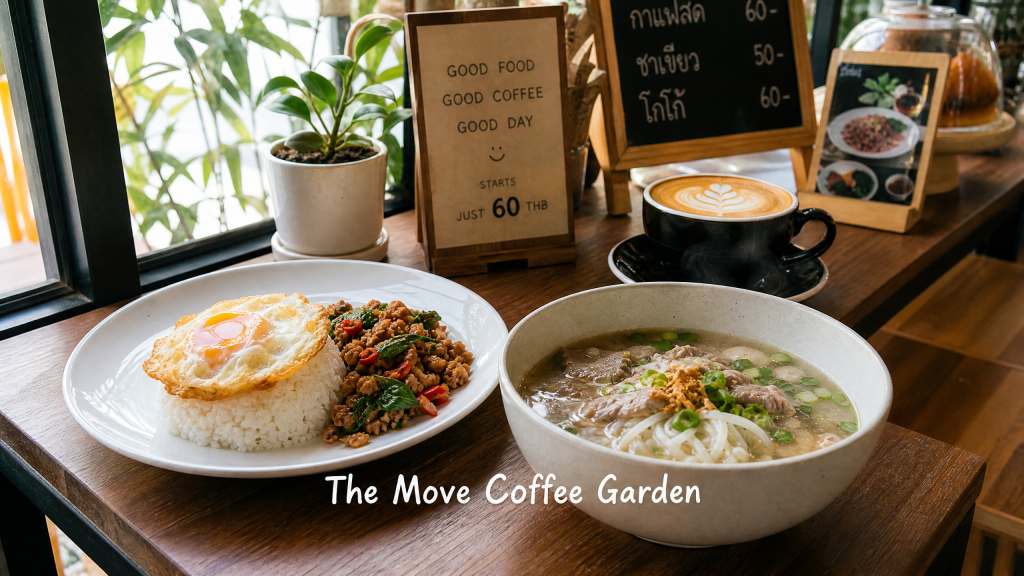 ร้านอร่อยราคาหลักสิบ บางใหญ่ The Move Coffee Garden กาแฟ อาหารตามสั่ง ก๋วยเตี๋ยว ราคาประหยัด