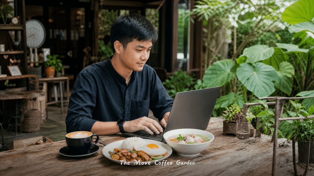 คาเฟ่นั่งทำงานบางใหญ่ The Move Coffee Garden มี Wi-Fi ปลั๊กพร้อม อาหารอร่อย บรรยากาศดี