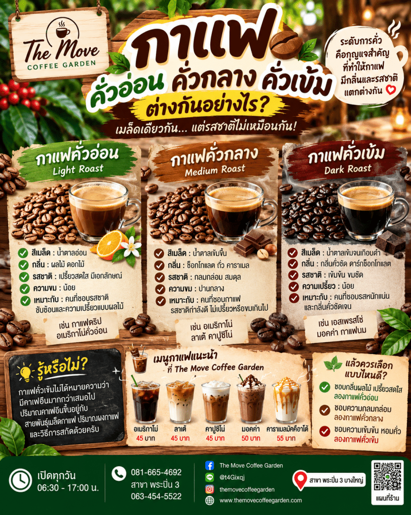 ☕🌿 กาแฟคั่วอ่อน คั่วกลาง คั่วเข้ม ต่างกันอย่างไร? ทำไมเมล็ดกาแฟชนิดเดียวกัน ถึงให้กลิ่นและรสชาติไม่เหมือนกัน? | The Move Coffee Garden