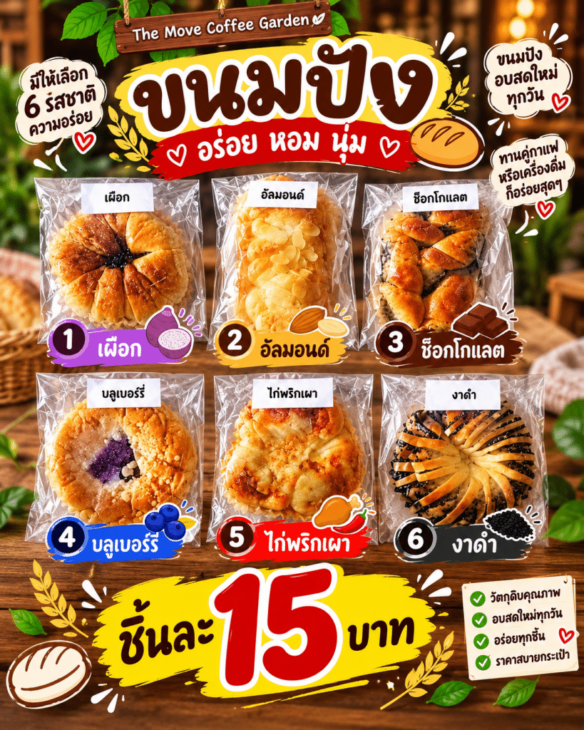 🥐💛 ขนมปังชิ้นละ 15 บาท! อร่อย หอม นุ่ม มีให้เลือกถึง 6 รสชาติ แต่รู้ไหมครับ…ทำไมขนมปังอบใหม่ถึงหอมจนอดใจไม่ไหว? 😋 | The Move Coffee Garden
