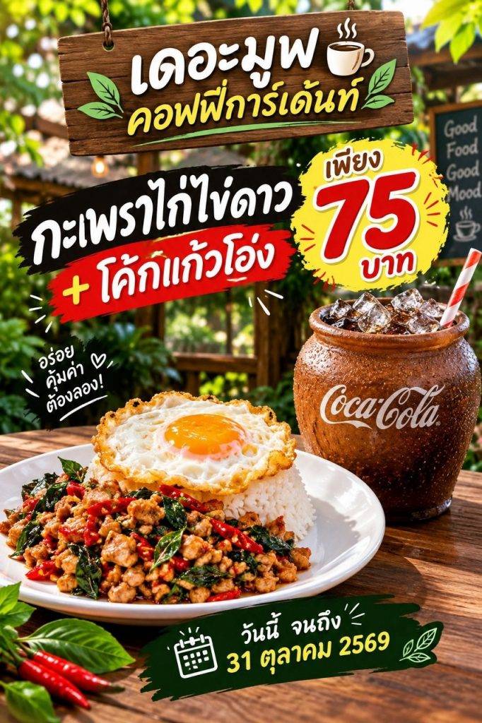 🌶️🍳 กะเพราไก่ไข่ดาว + โค้กแก้วโอ่ง 75 บาท! แต่รู้ไหมครับ…ทำไมกลิ่นกะเพราถึงทำให้เราหิวได้ทันที? 😋 | The Move Coffee Garden